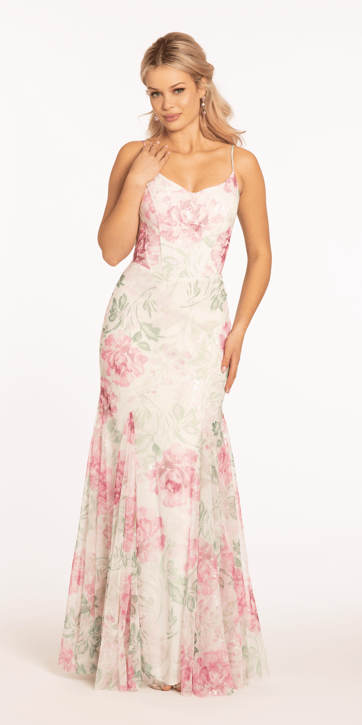 Betsy & Adam Women's Sequin Floral Print Sleeveless Gown - Ivory/Pink