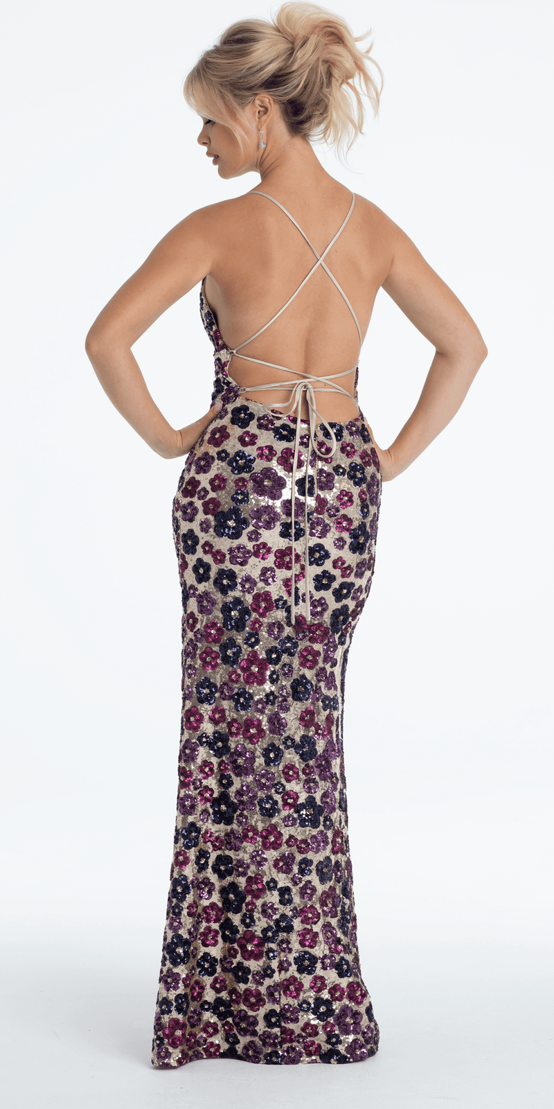 Strappy Back Sequin Daisy Column Dress with Side Slit Petite / 12 / Nude