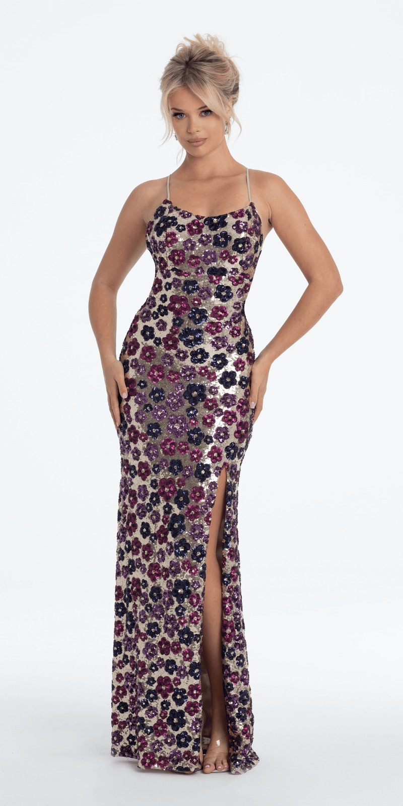 Strappy Back Sequin Daisy Column Dress with Side Slit Petite / 12 / Nude Strappy Back Sequin Daisy Column Dress with Side Slit Petite / 12 / Nude