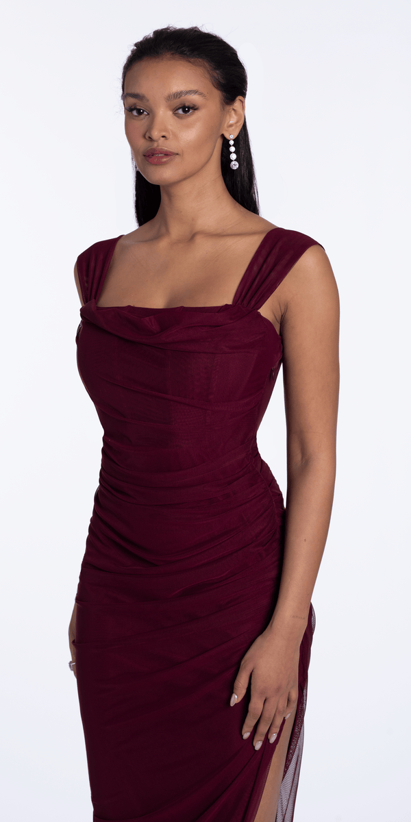 wine/size/4/missy/Camille La Vie/Mesh Square Neck Drape Corset Column Dress with Ruching/close up