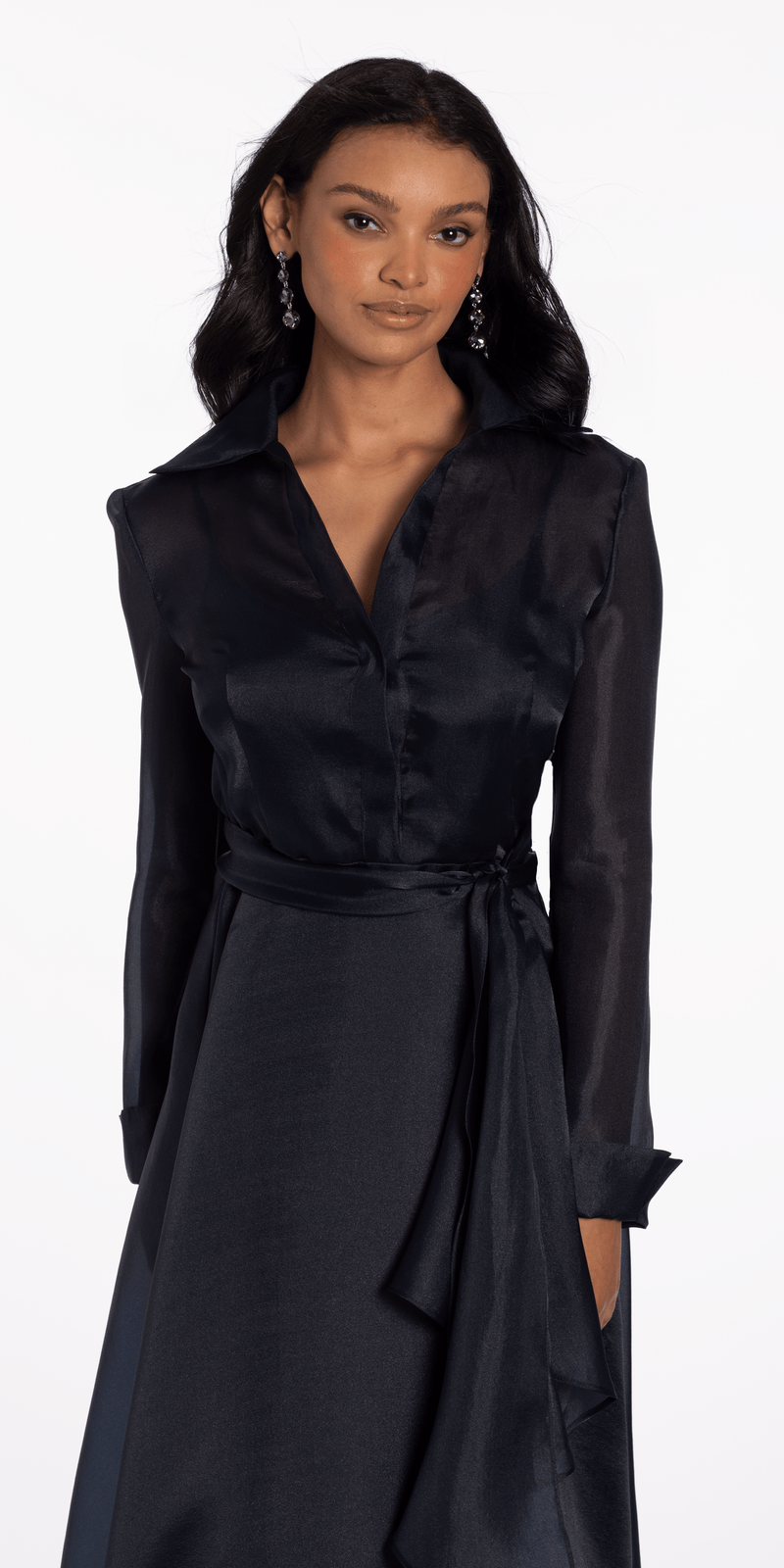 Organza Long Sleeve V Neck A Line Dress with Bow Image 2