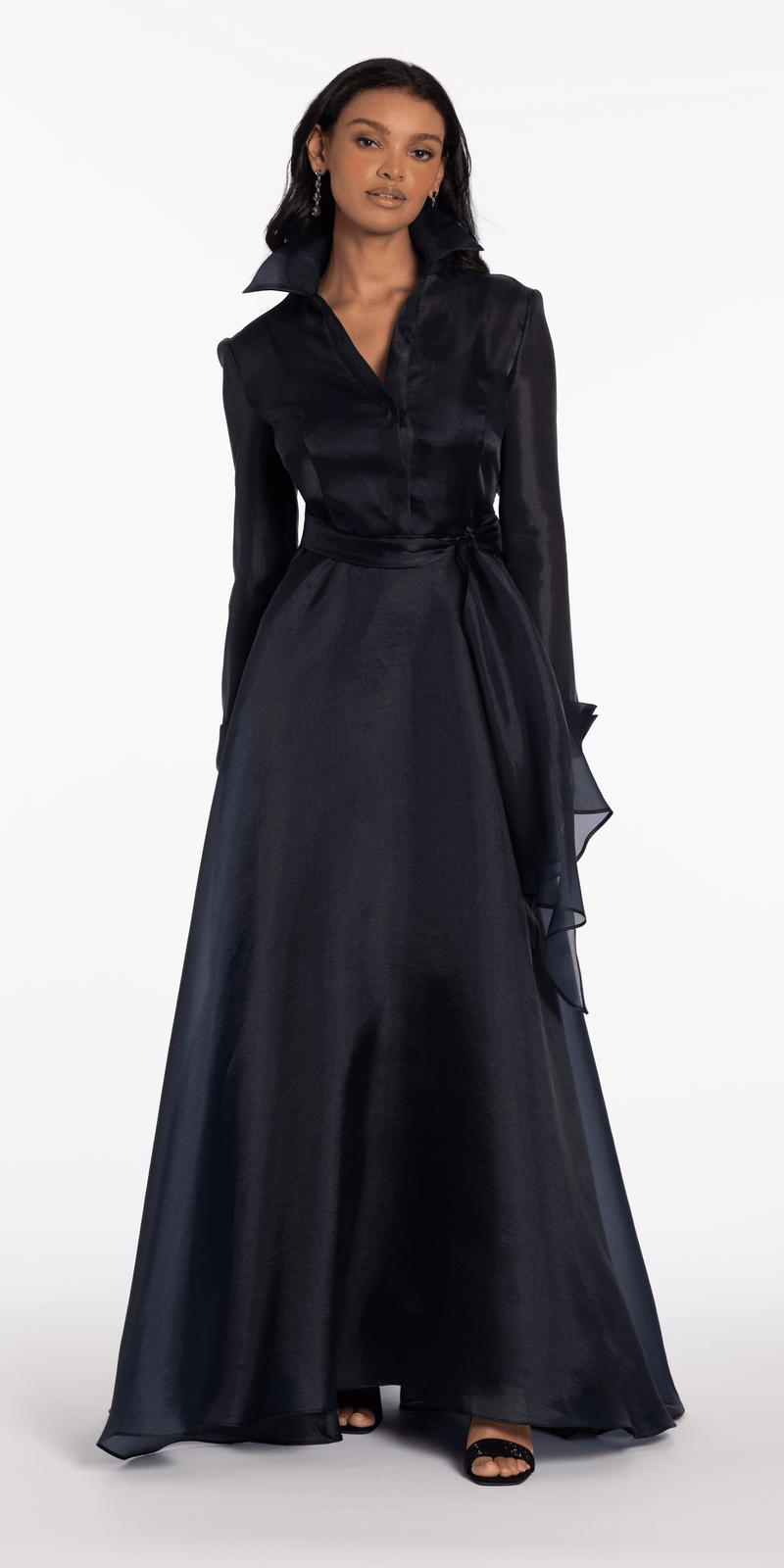 Organza Long Sleeve V Neck A Line Dress with Bow Image 4