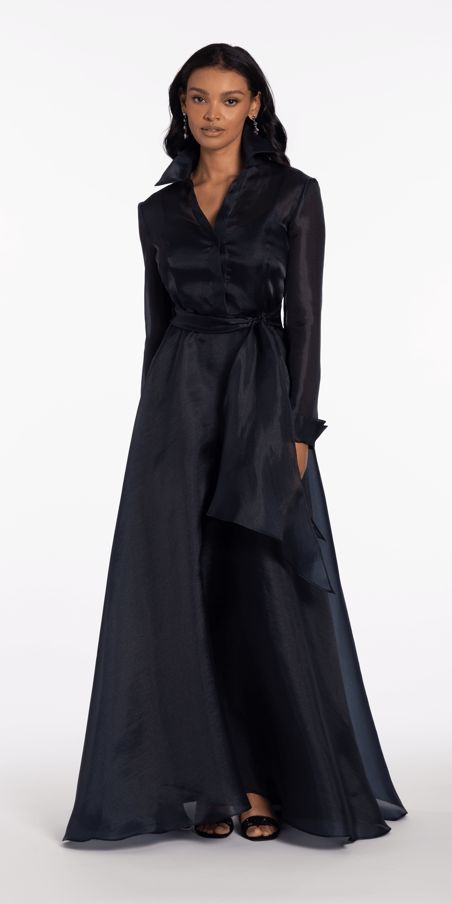 Organza Long Sleeve V Neck A Line Dress with Bow Camille La Vie Organza Long Sleeve V Neck A Line Dress with Bow Camille La Vie