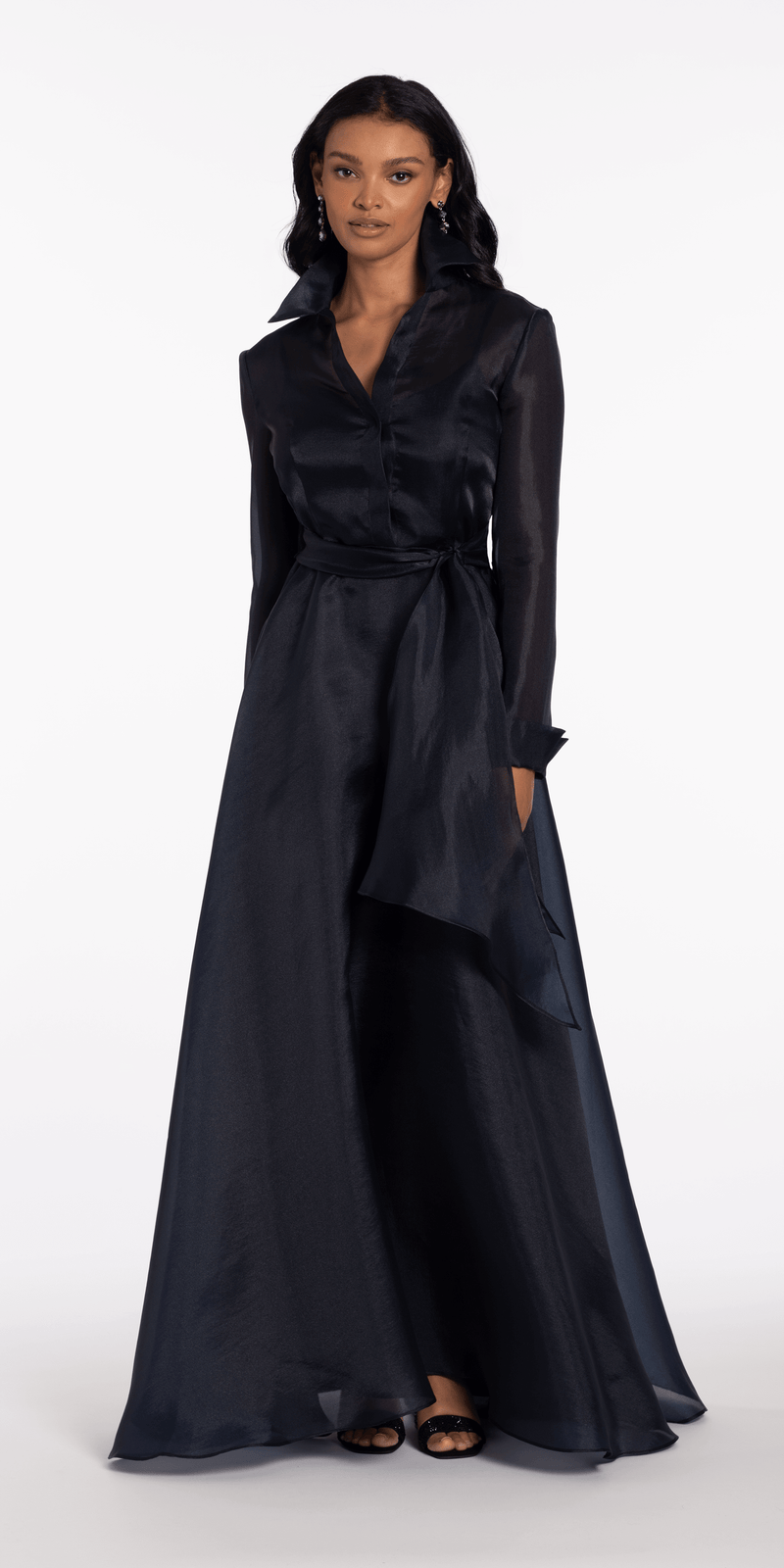 Organza Long Sleeve V Neck A Line Dress with Bow Image 1