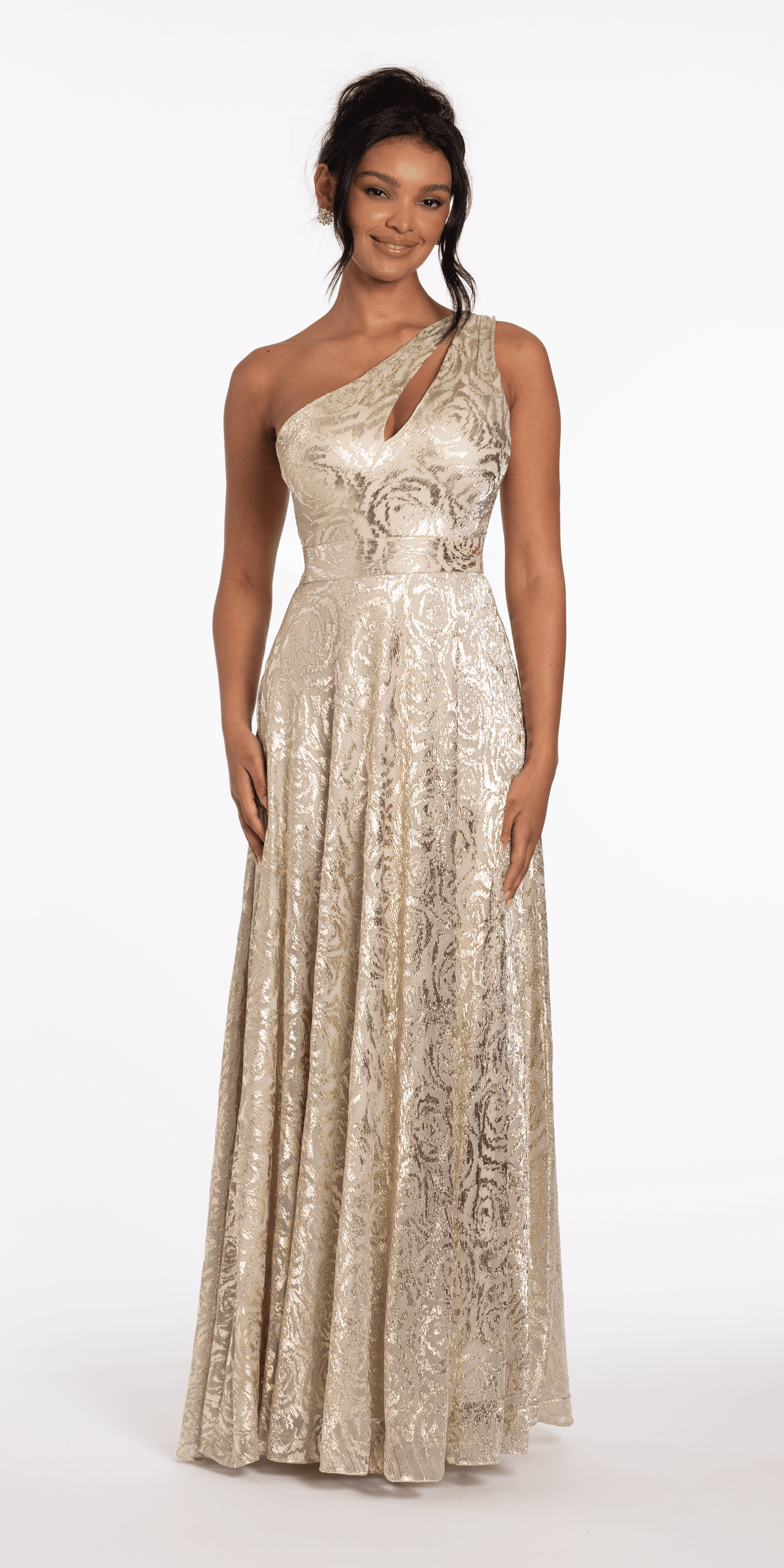 Foil Jacquard One shoulder A Line Dress with Keyhole – Camille La Vie