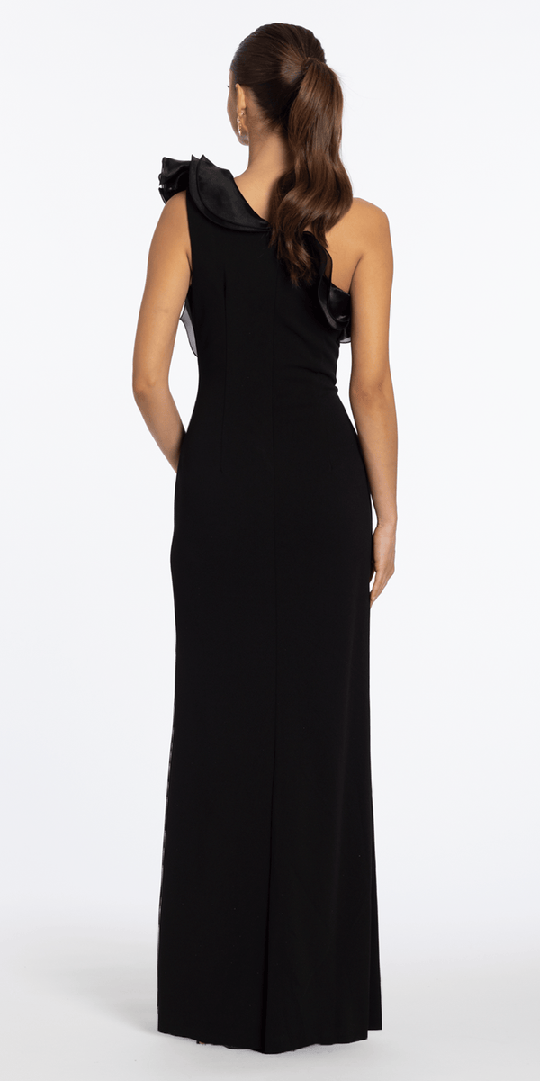 black/size/4/ missy/ Camille La Vie/One Shoulder Scuba Column Dress with Organza Ruffle/back