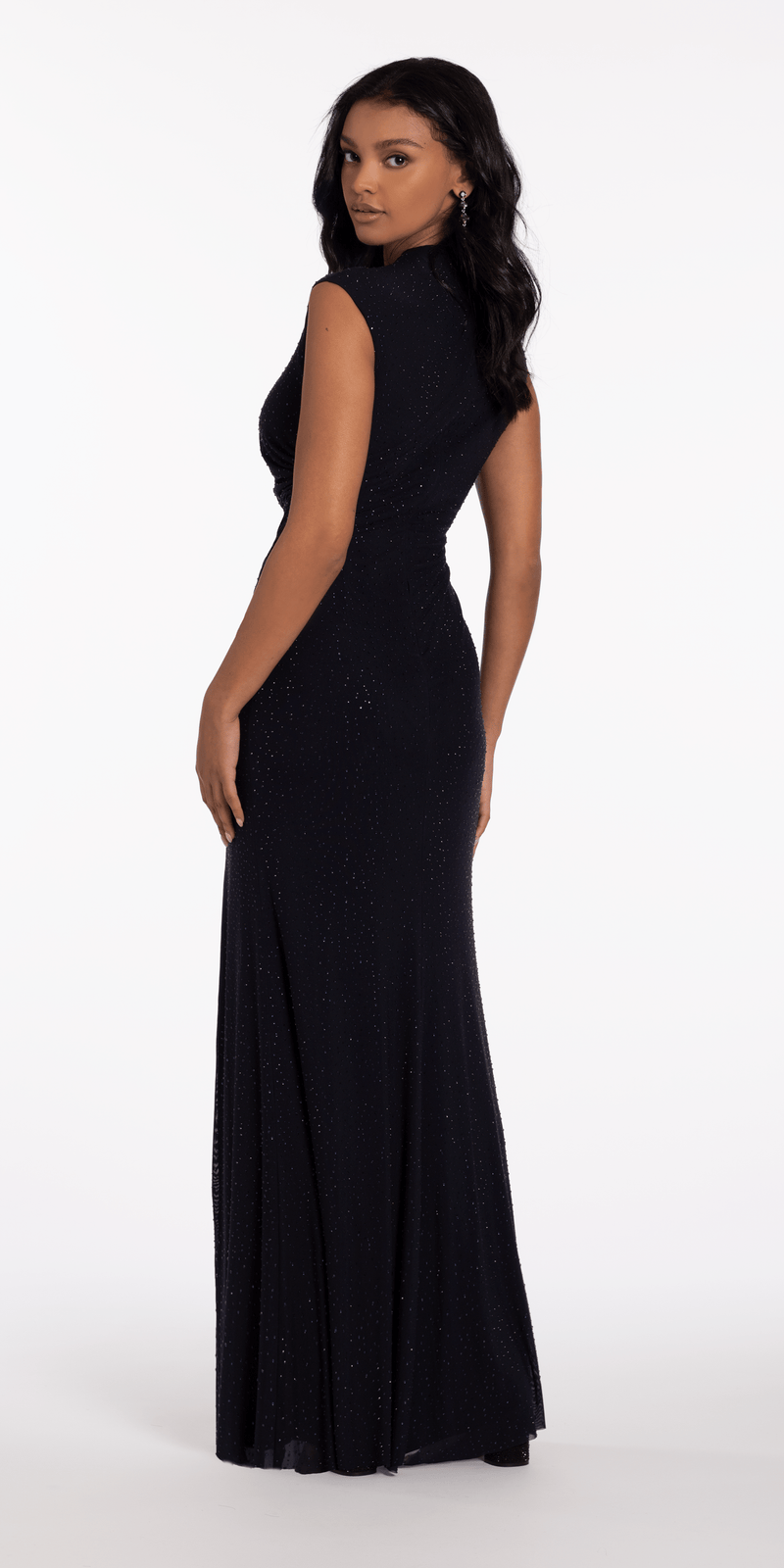 Jewel Neck Mesh Cap Sleeve Column Dress with Heat Set Stones Image 4