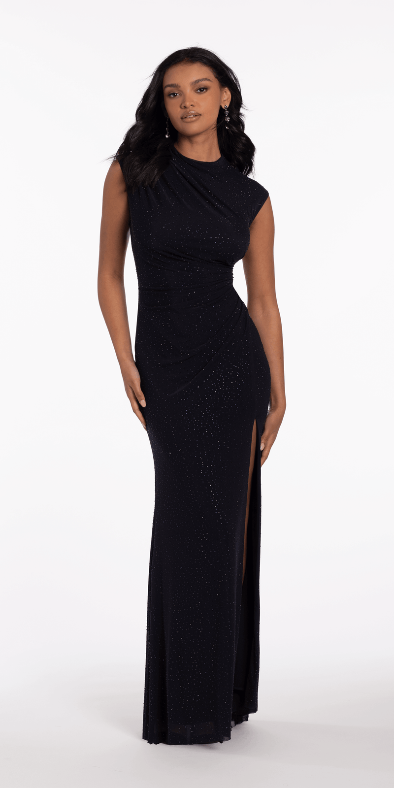 Jewel Neck Mesh Cap Sleeve Column Dress with Heat Set Stones Image 1