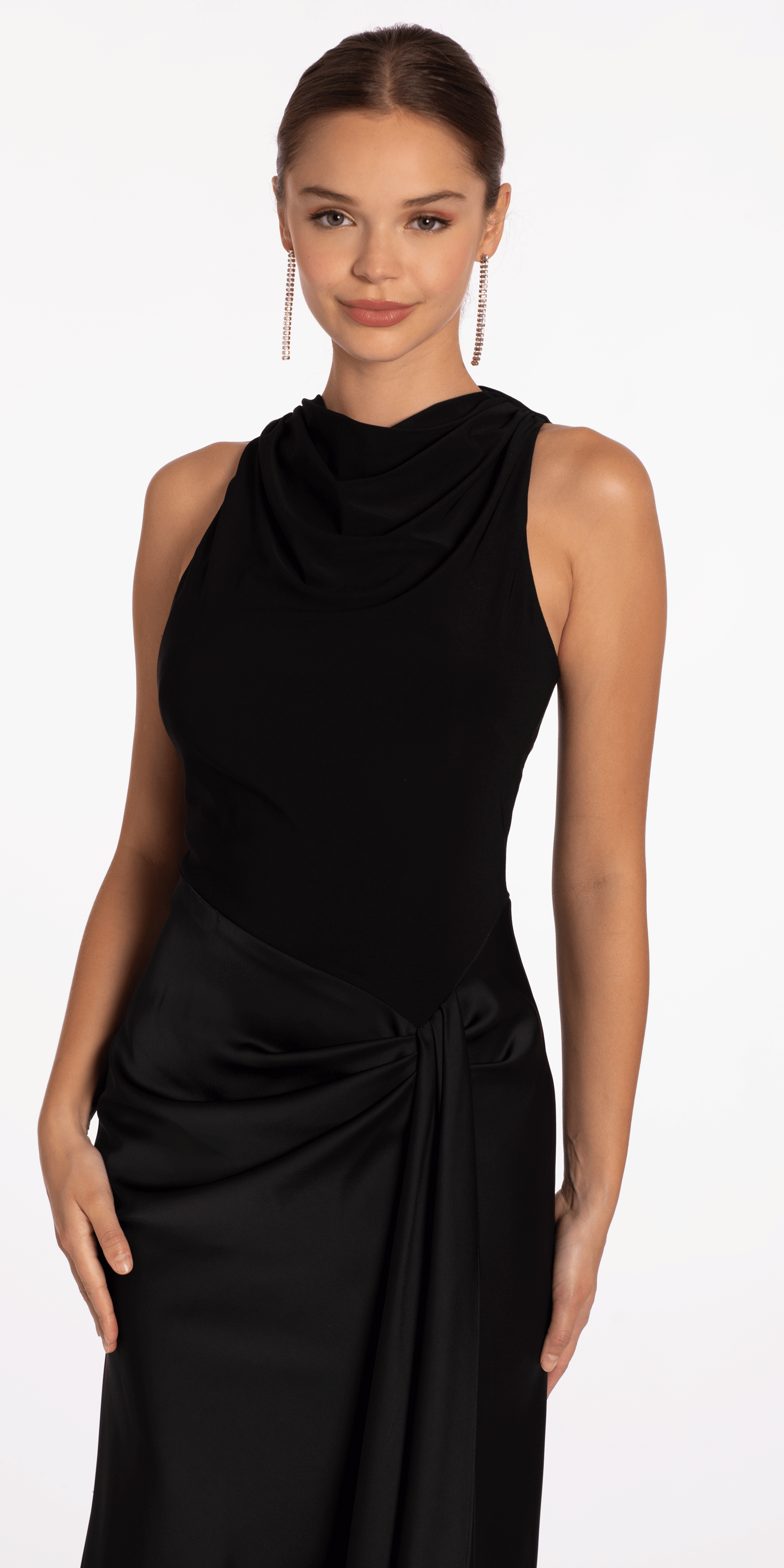 Amberlynn Jersey Knit and Satin Draped Floor Length Dress