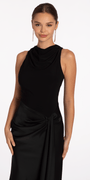 Drape Neck Jersey and Satin Column Dress with Side Sash Image 2