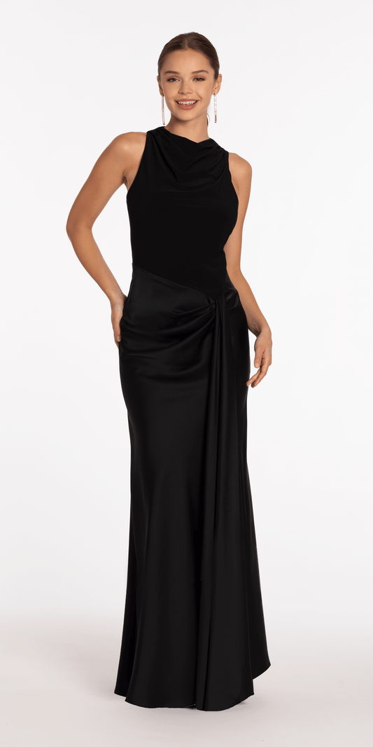 Drape Neck Jersey and Satin Column Dress with Side Sash – Camille