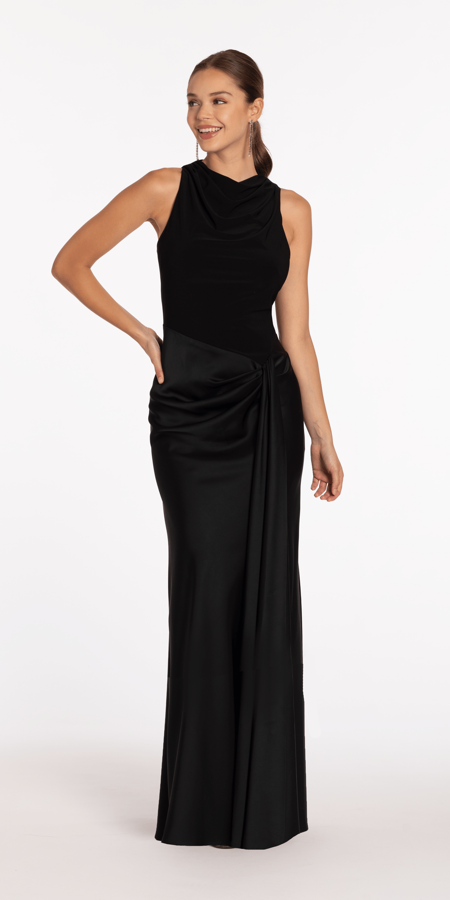 Camille La Vie Drape Neck Jersey and Satin Column Dress with Side Sash missy / 2 / black