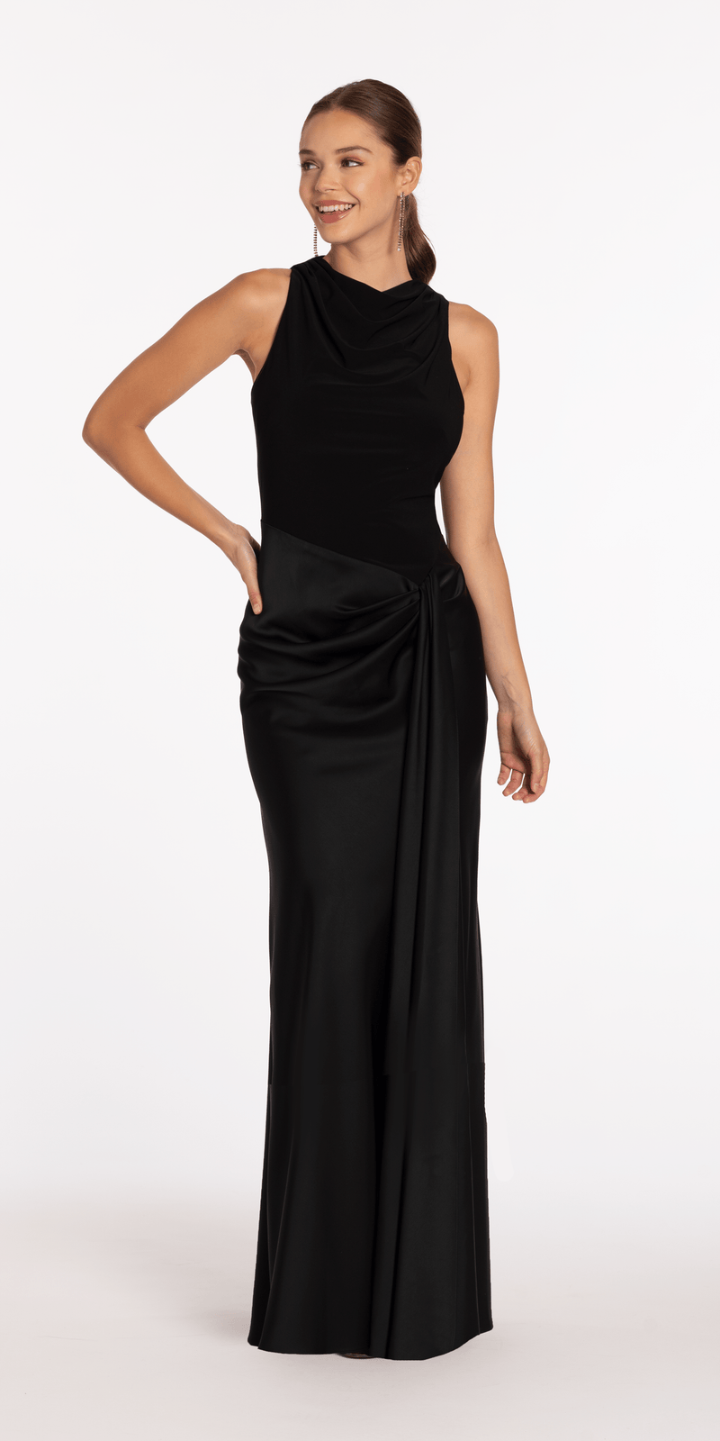 Drape Neck Jersey and Satin Column Dress with Side Sash Image 3
