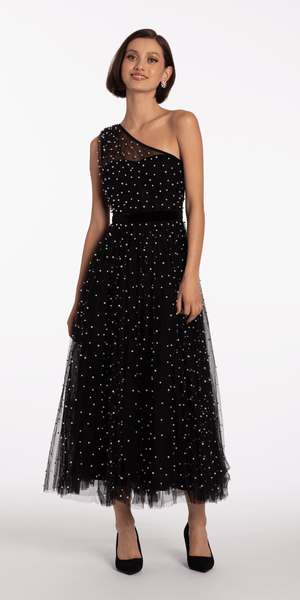 one shoulder tea length dress Rosanne Mesh Pearl Embellished Midi Black / 6 Velvet pleated chiffon dress wash only DISCOUNT ELIGIBLE Wood Choice:Wormy Maple