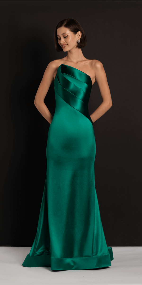 Satin Pleated Strapless Trumpet Dress with Sweep Train missy / 14 / emerald