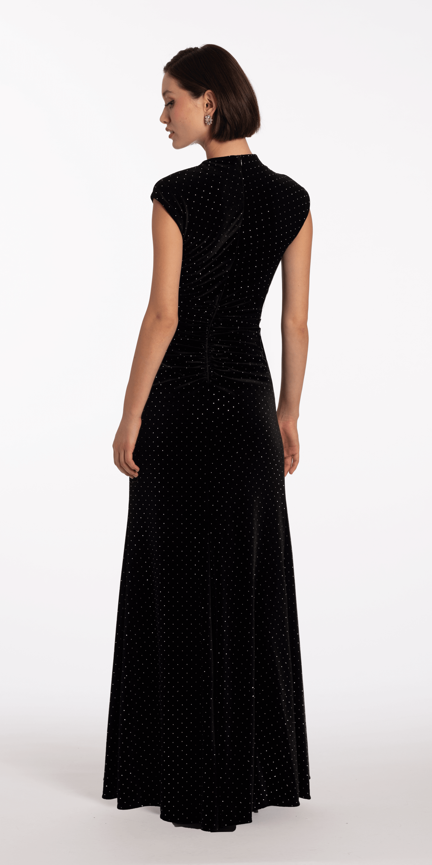 black-silver/size/4/missy/Camille La Vie/Stone Encrusted Velvet Mock Neck Cap Sleeve Column Dress Vie/back
