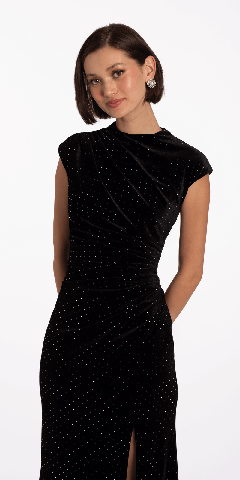 Betsy & Adam Women's Long Studded Velvet Gown - Black/Silver