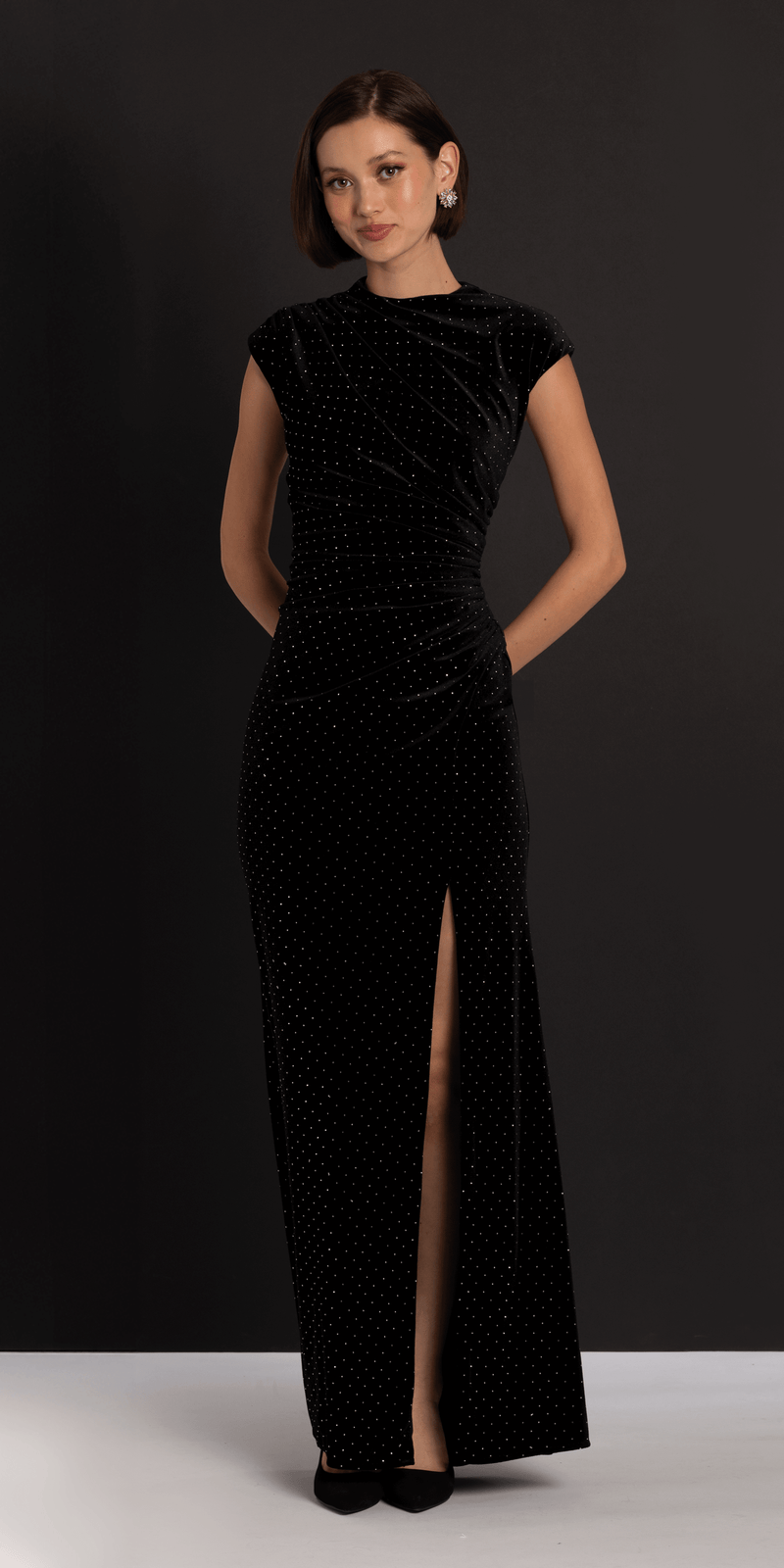 Betsy & Adam Women's Long Studded Velvet Gown - Black/Silver - 6 Betsy & Adam Women's Long Studded Velvet Gown - Black/Silver - 6