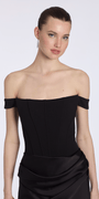 black/size/4/missy/Camille La Vie/ Crepe Off the Shoulder Corset Satin Column Dress/closeup