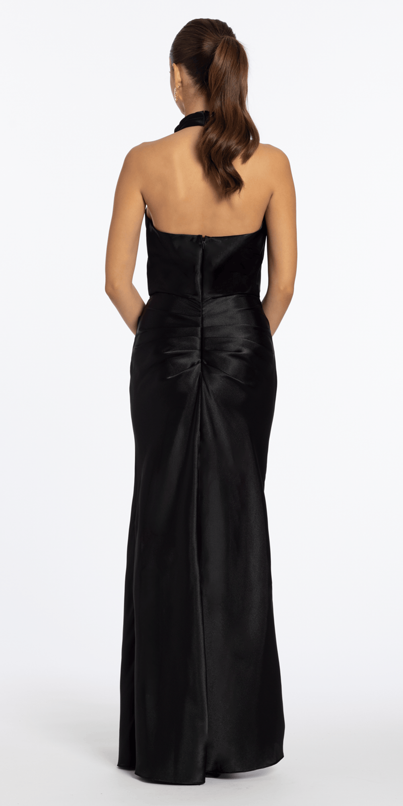 Satin Cowl Neck Halter Column Dress with Side Ruching - Camille La Vie