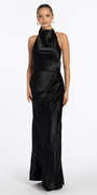 Satin Cowl Neck Halter Column Dress with Side Ruching - Camille La Vie