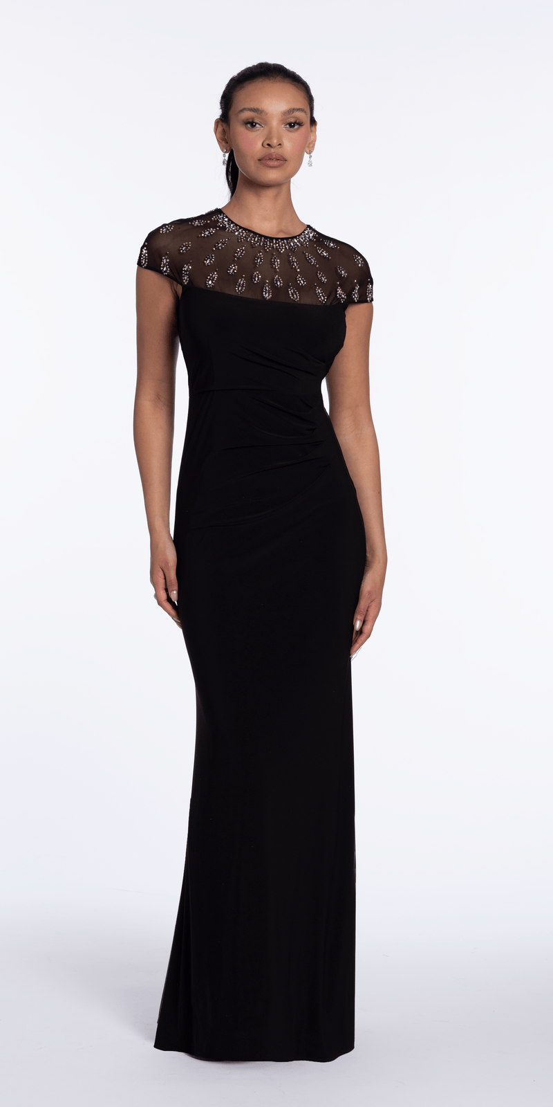black/size/4/missy/Camille La Vie/Beaded Illusion Cap Sleeve Jersey Column Dress/front