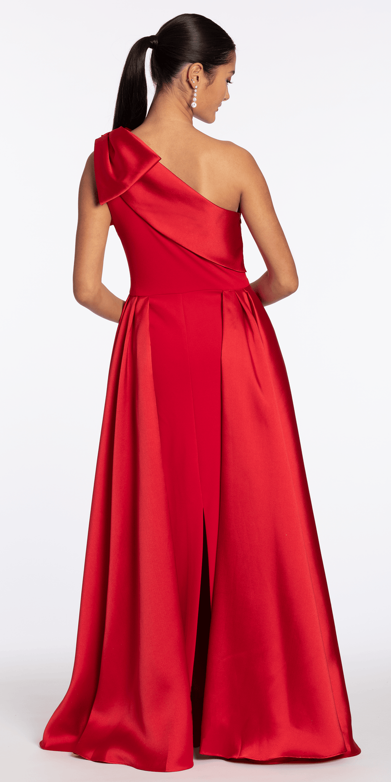 crepe-back satin one-shoulder bridesmaid dress Aidan Mattox Satin Crepe Back Asymmetrical One Shoulder Beaded Neck Short Sleeve Side Twist Column Gown