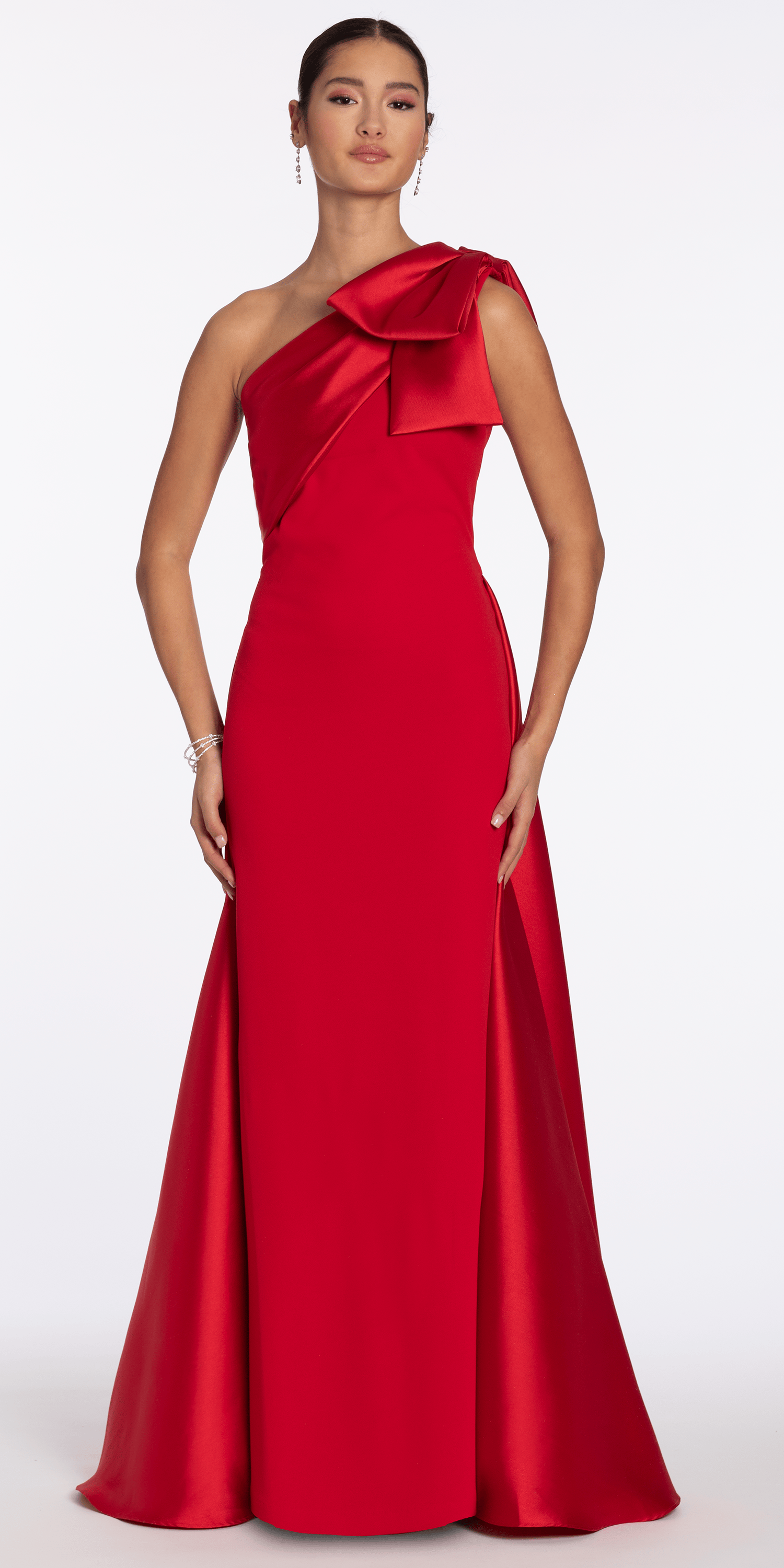 Stretch Crepe One Shoulder Dress with Mikado Cascades