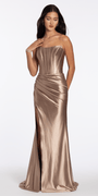 taupe/size/4/missy/Camille La Vie/Stretch Satin Strapless Corset Dress with Heat Set Stones/front alt
