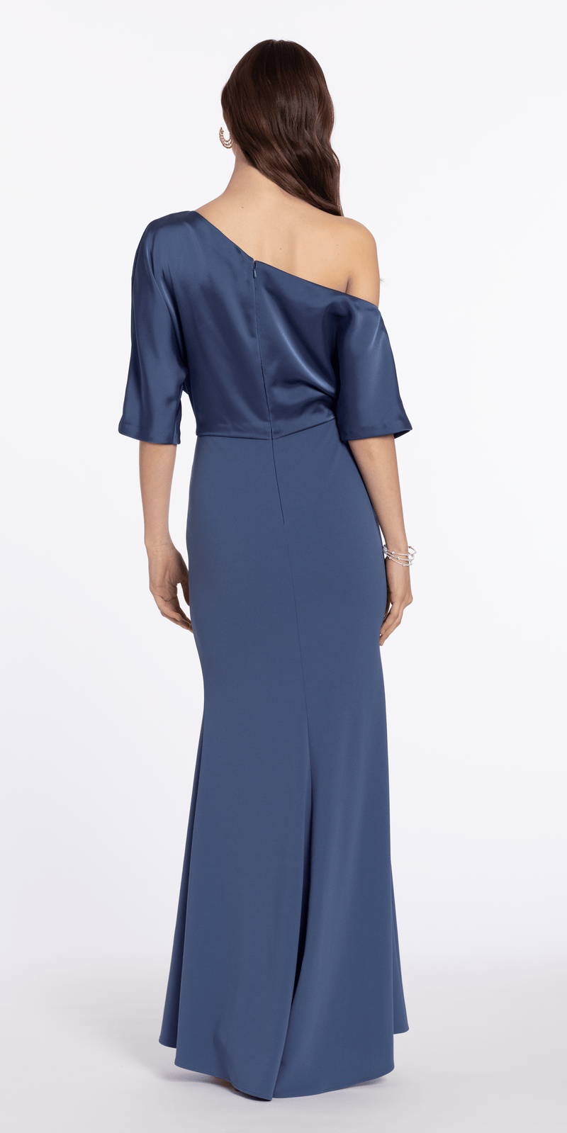 Satin Drape One Shoulder Short Sleeve Crepe Trumpet Dress Camille La Vie Satin Drape One Shoulder Short Sleeve Crepe Trumpet Dress Camille La Vie