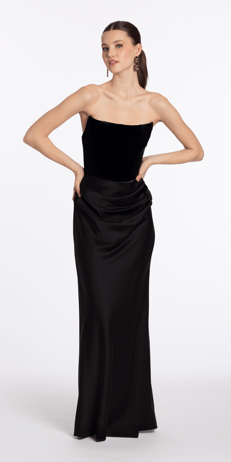velvet corset dress Strapless Velvet Corset Satin Column Dress with Ruching – Camille La Vie