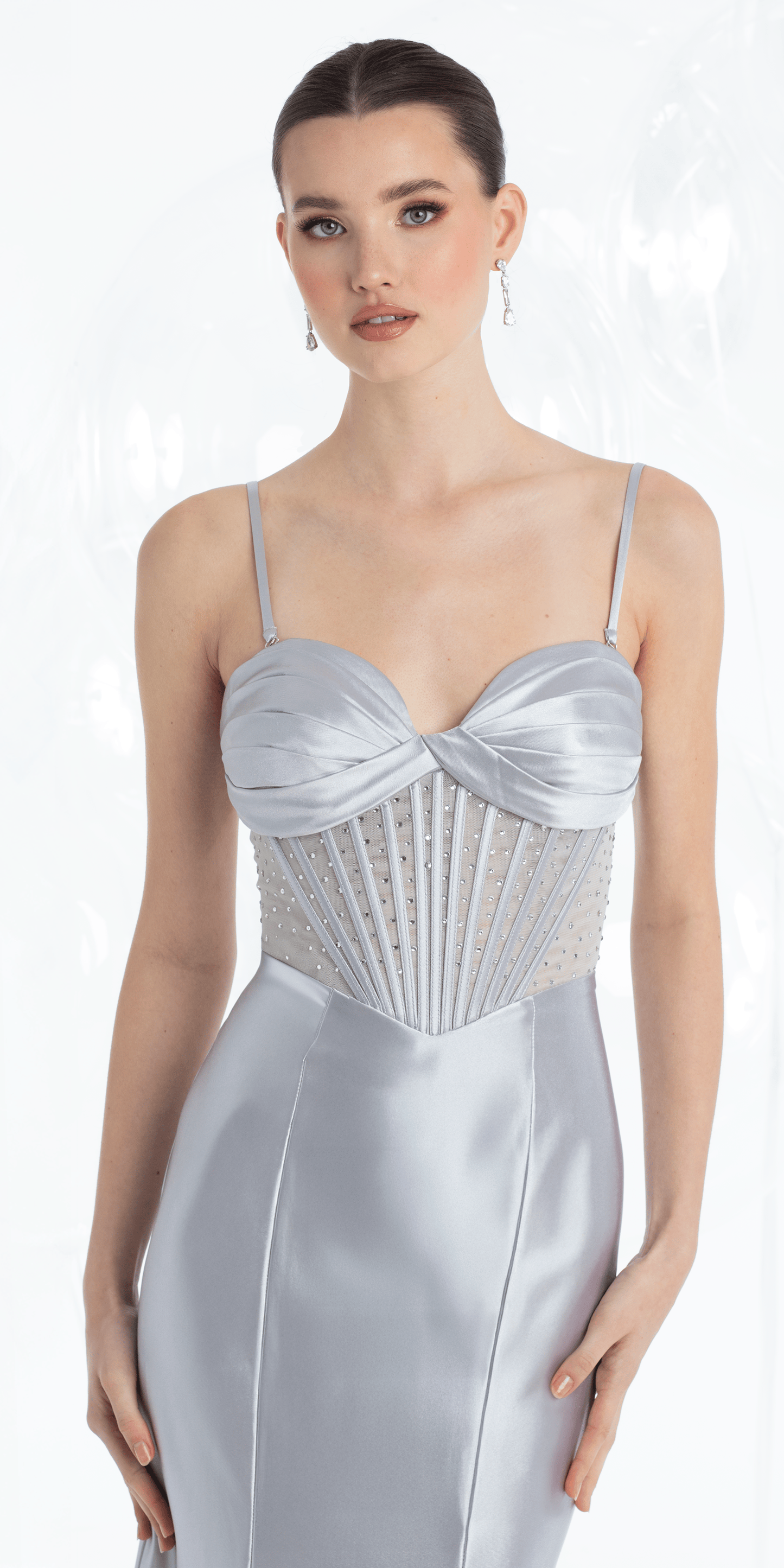 silver/size/4/missy/Camille La Vie/Sweetheart Satin Illusion Corset Trumpet Dress with Heat Set Beads/close up