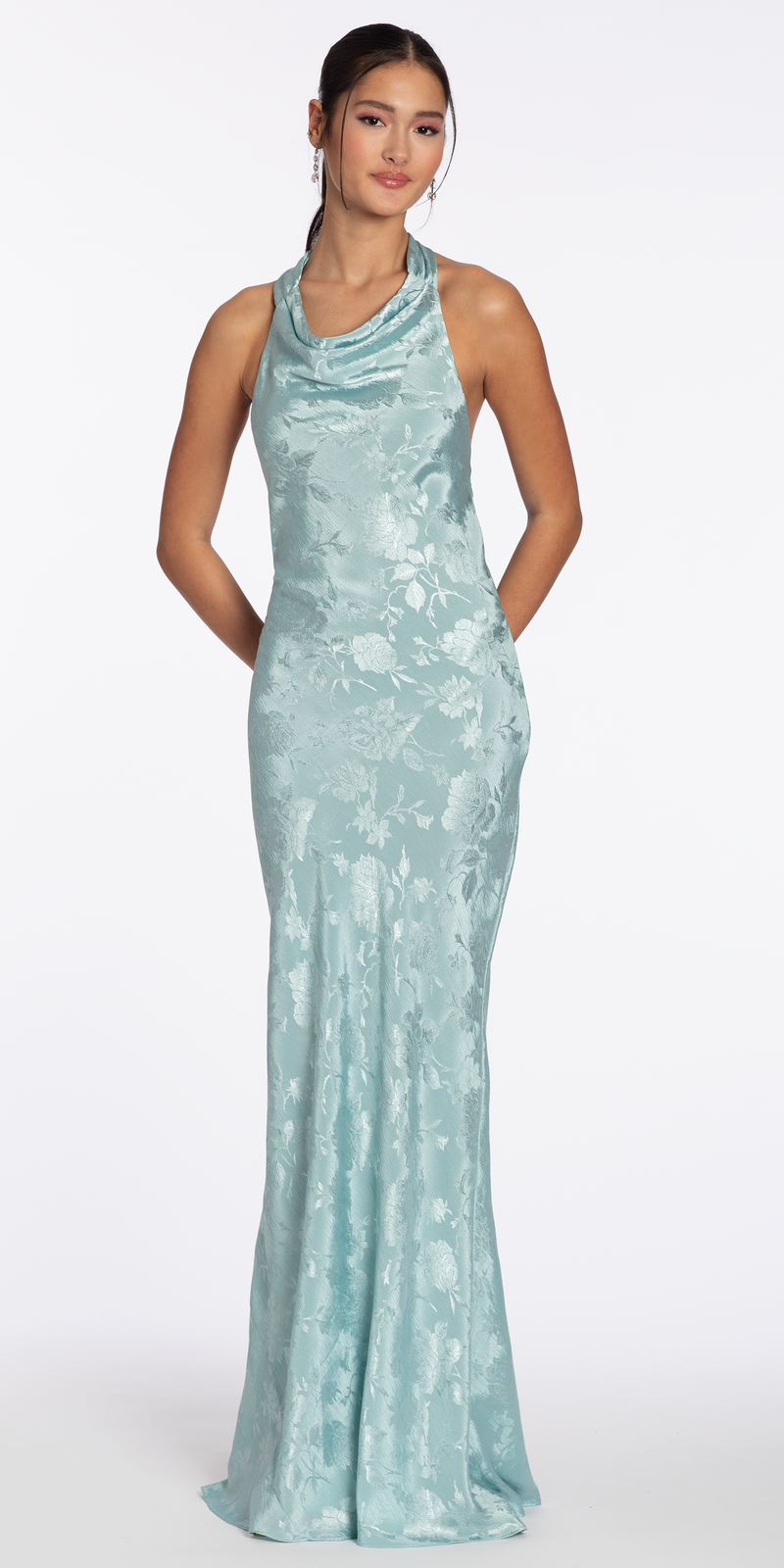 Drape Neck Tie Back Jacquard Column Dress missy / 12 / sage