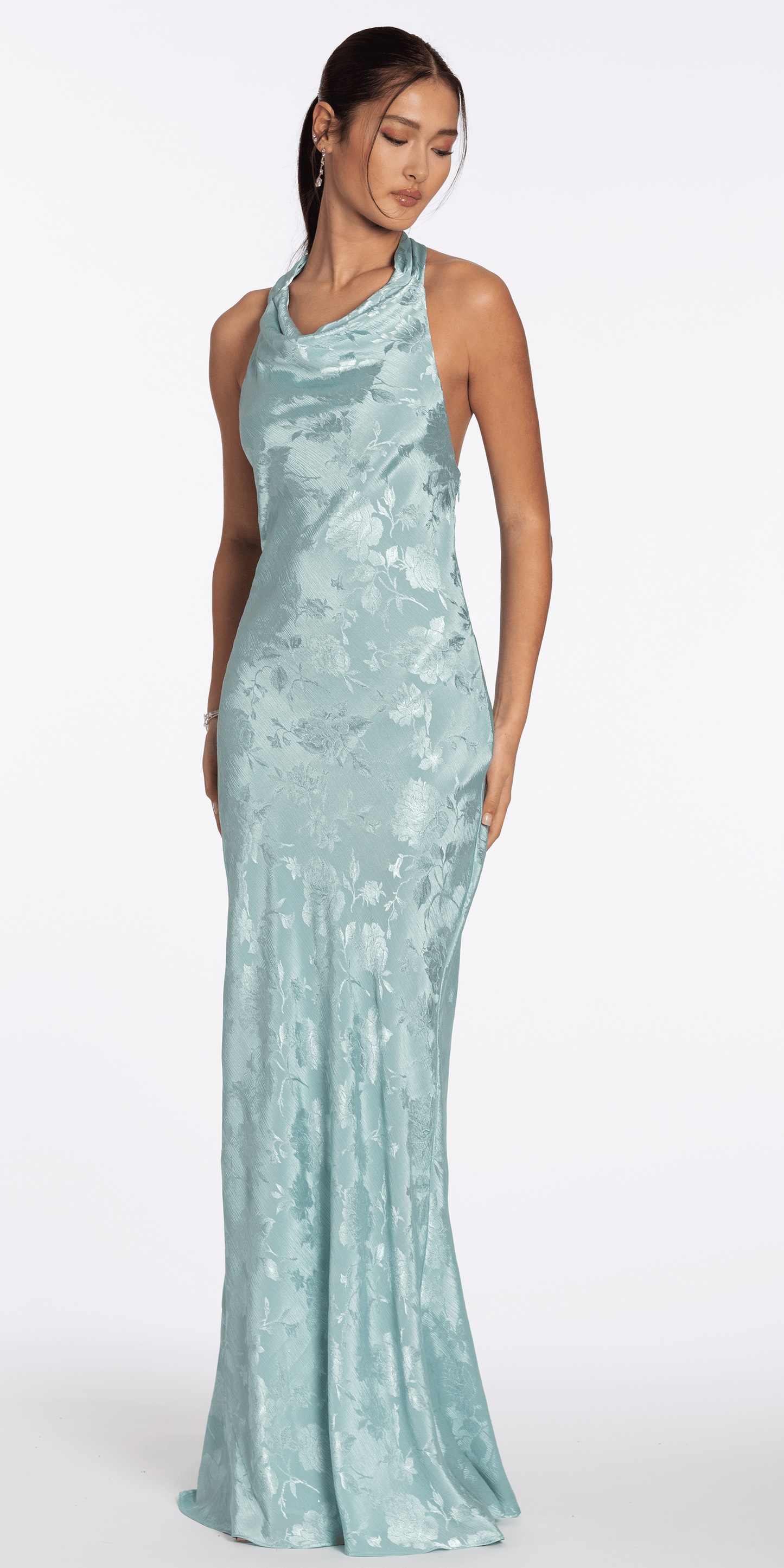 Drape Neck Tie Back Jacquard Column Dress - Camille La Vie