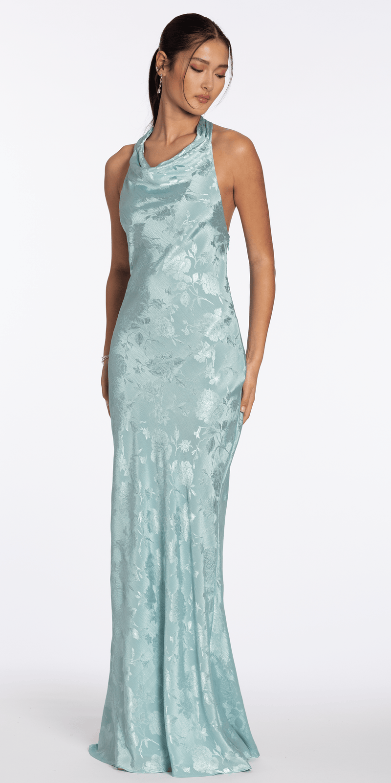 Drape Neck Tie Back Jacquard Column Dress missy / 6 / sage