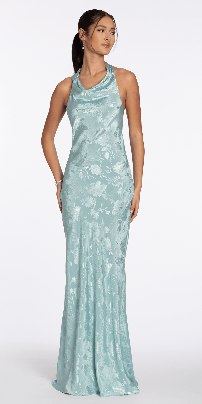 Drape Neck Tie Back Jacquard Column Dress – Camille La Vie
