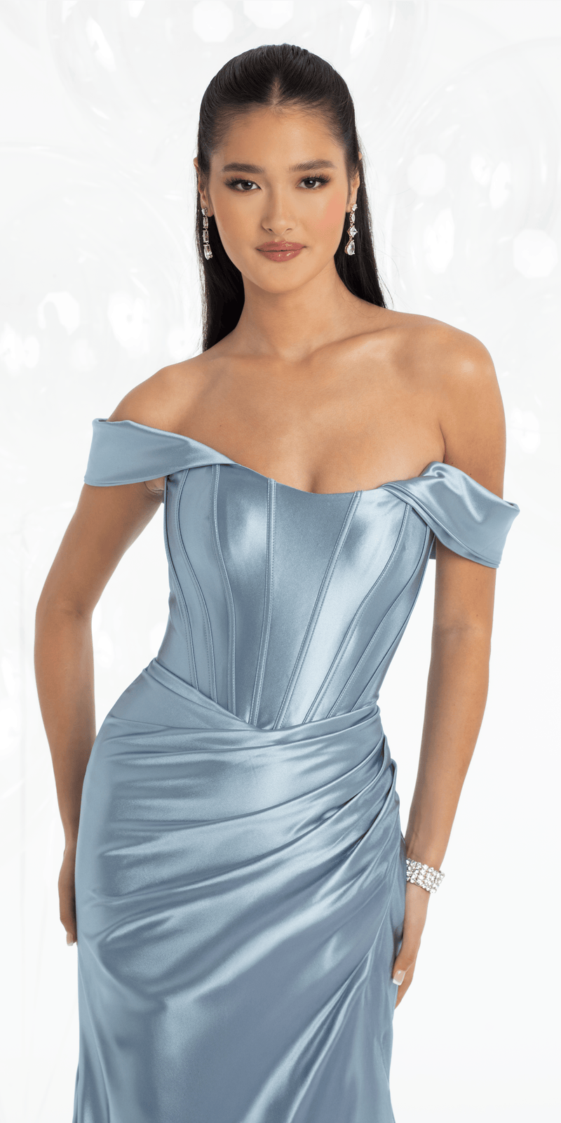 Stretch Satin Off the Shoulder Corset Trumpet Dress Image 2
