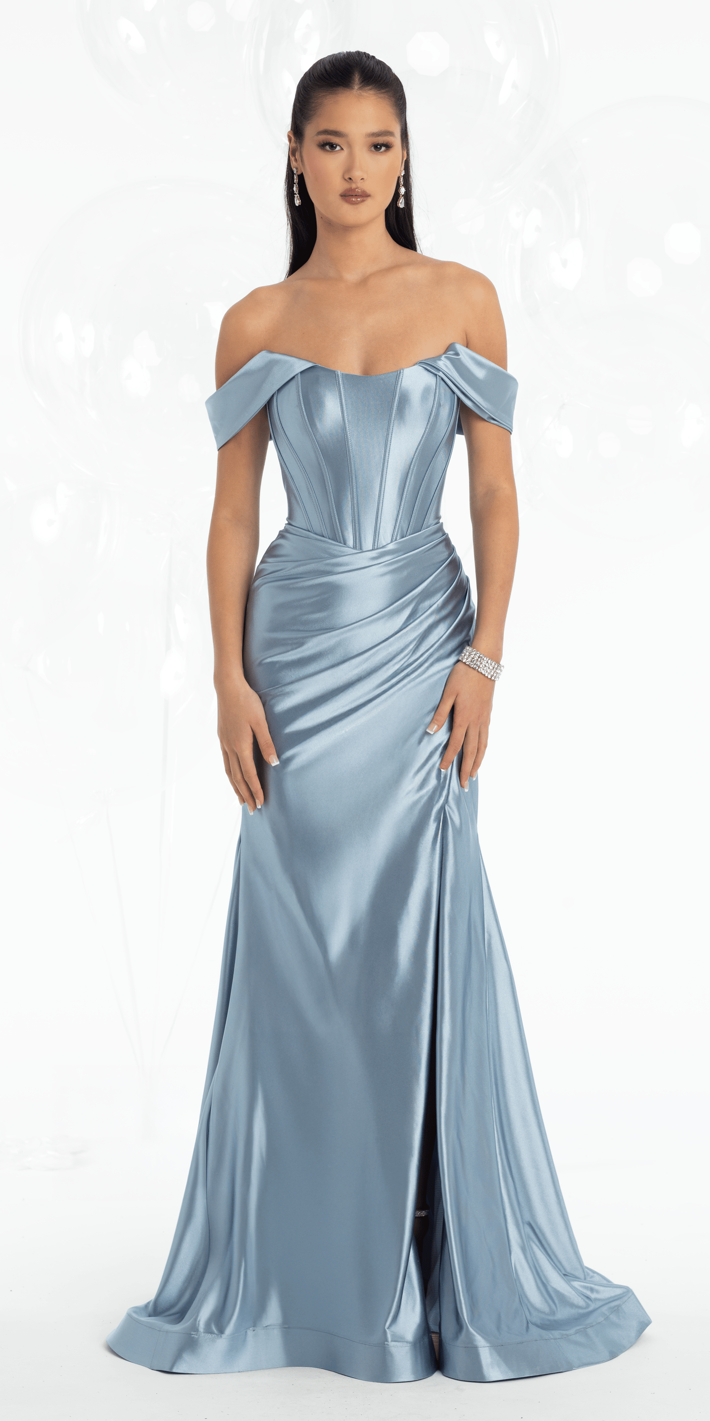 Camille La Vie Stretch Satin Off the Shoulder Corset Trumpet Dress missy / 0 / slate