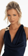 navy/size/4/missy/Camille La Vie/Satin Drape Halter Tie Neck Column Dress with Brooch/close up