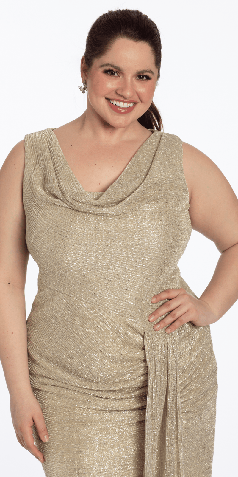 Camille La Vie Metallic Cowl Neck Column Dress with Ruching and Trendril