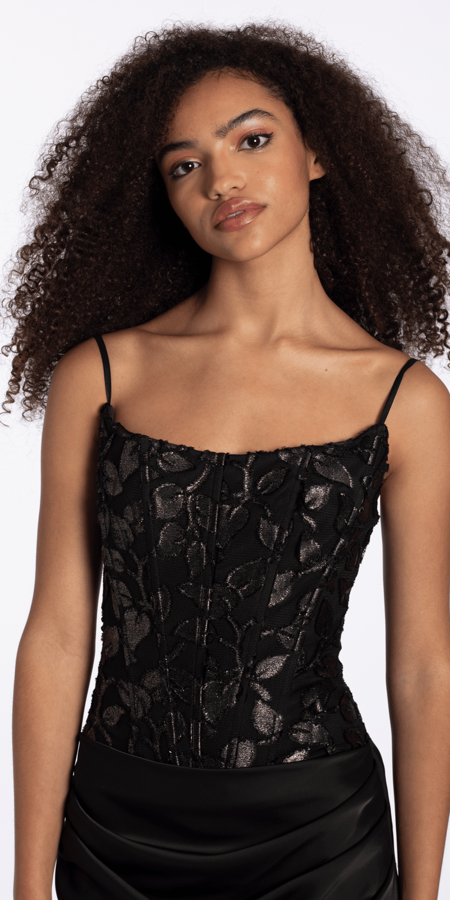 Camille La Vie Strapless Burnout Corset Lace Up Back Satin Column Dress missy / 2 / black-gold