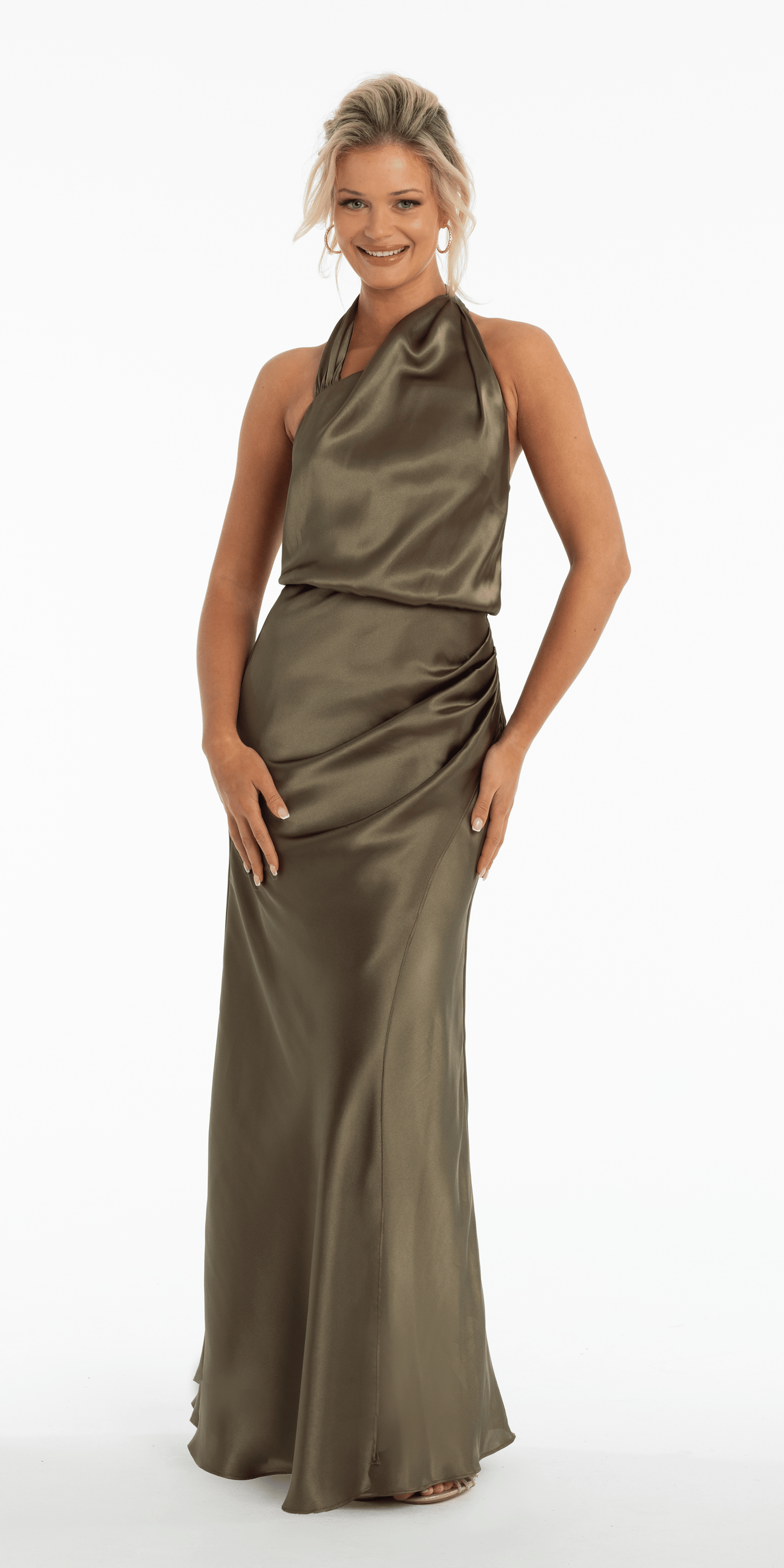 olive/size/4/missy/Camille La Vie/Satin Asymmetrical Neck Blouson Column Dress with Back Ruching/ front 1