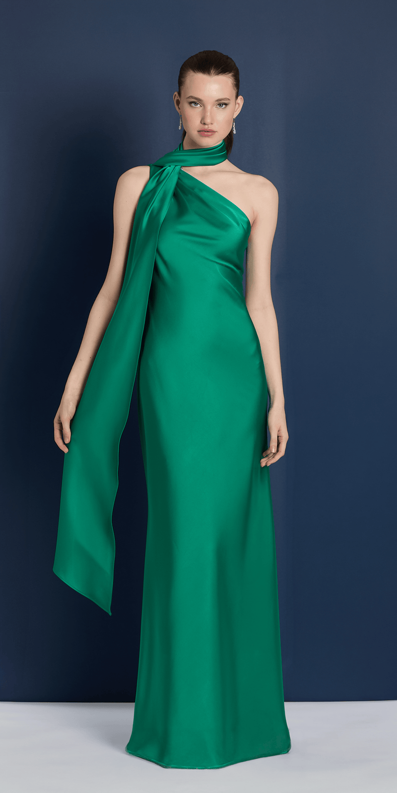 emerald/size/4/missy/Camille La Vie/Satin One Shoulder Column Dress with a Mock Wrap Scarf/front