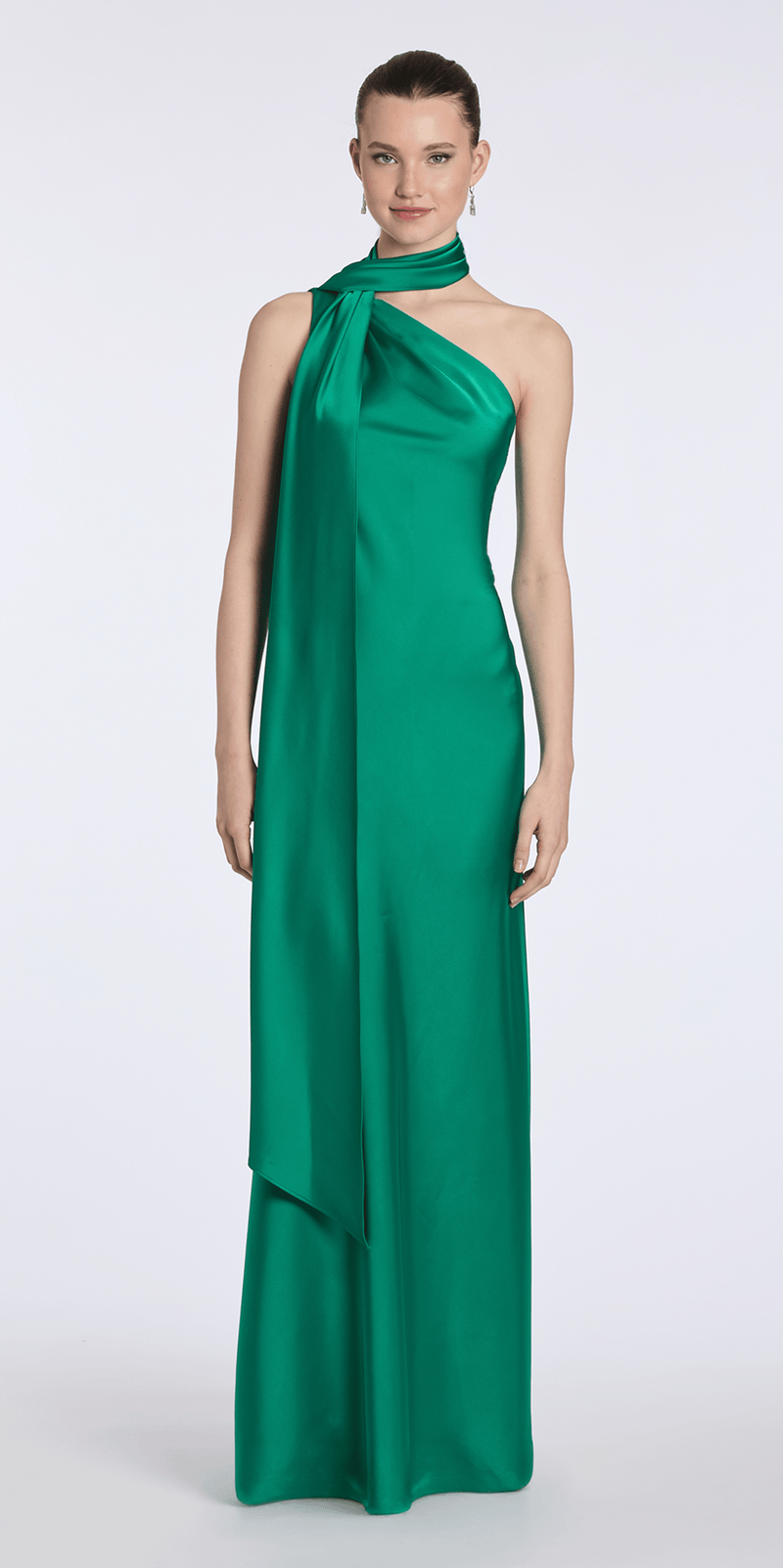 Satin One Shoulder Column Dress with a Mock Wrap Scarf