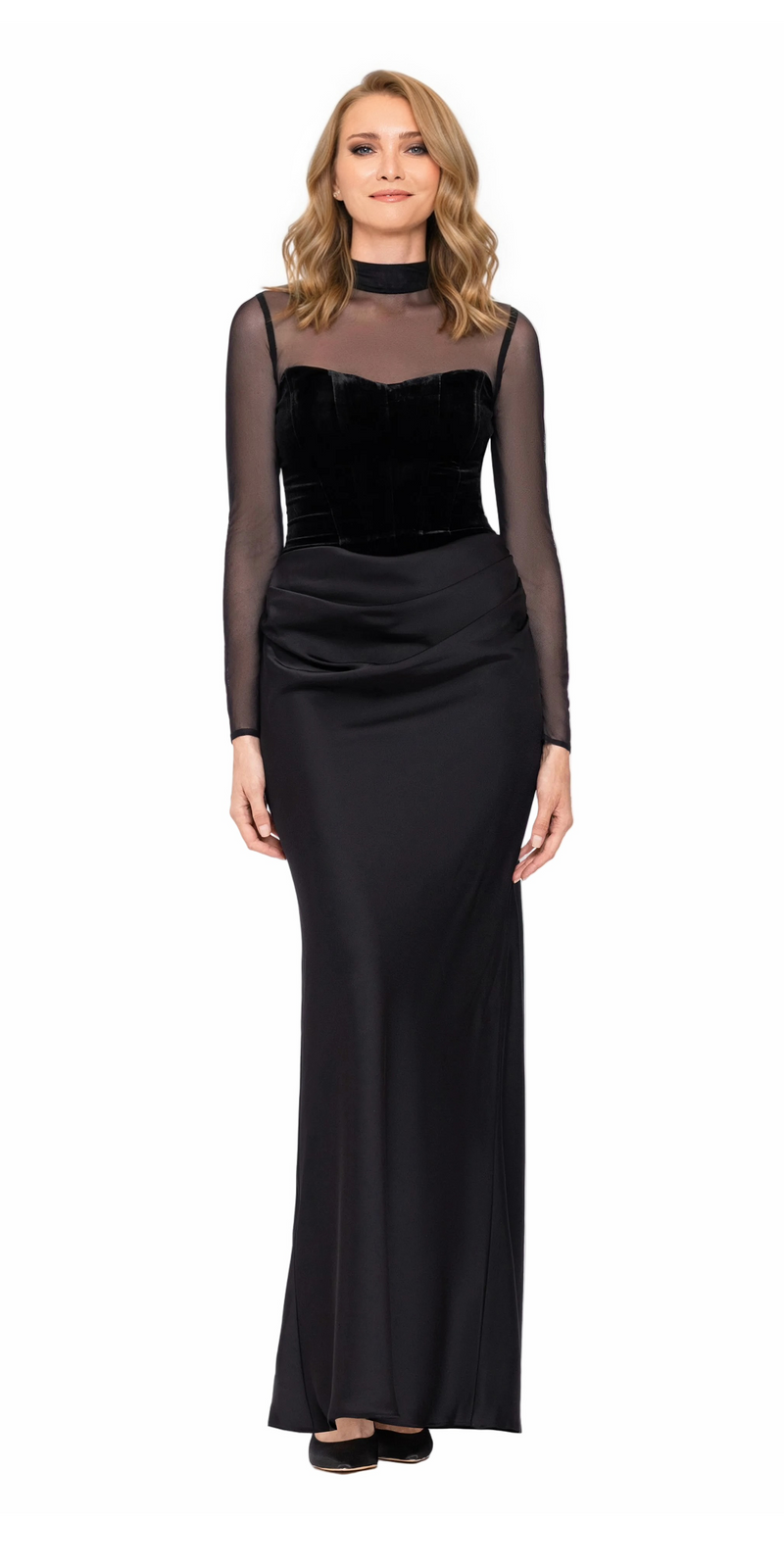 black/size/4/missy/Camille La Vie/Mock Neck Illusion Long Sleeve Velvet and Satin Column Dress/front