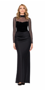 black/size/4/missy/Camille La Vie/Mock Neck Illusion Long Sleeve Velvet and Satin Column Dress/front