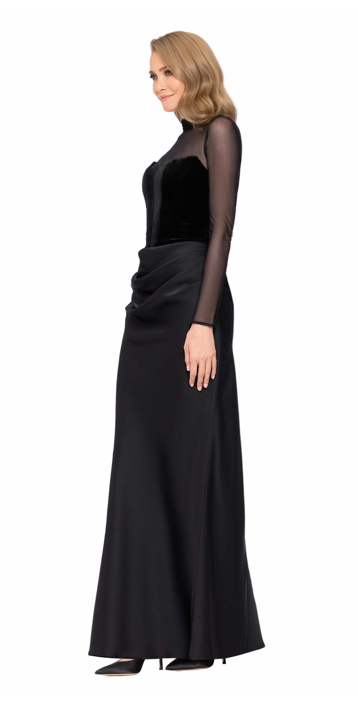black/size/4/missy/Camille La Vie/Mock Neck Illusion Long Sleeve Velvet and Satin Column Dress/side