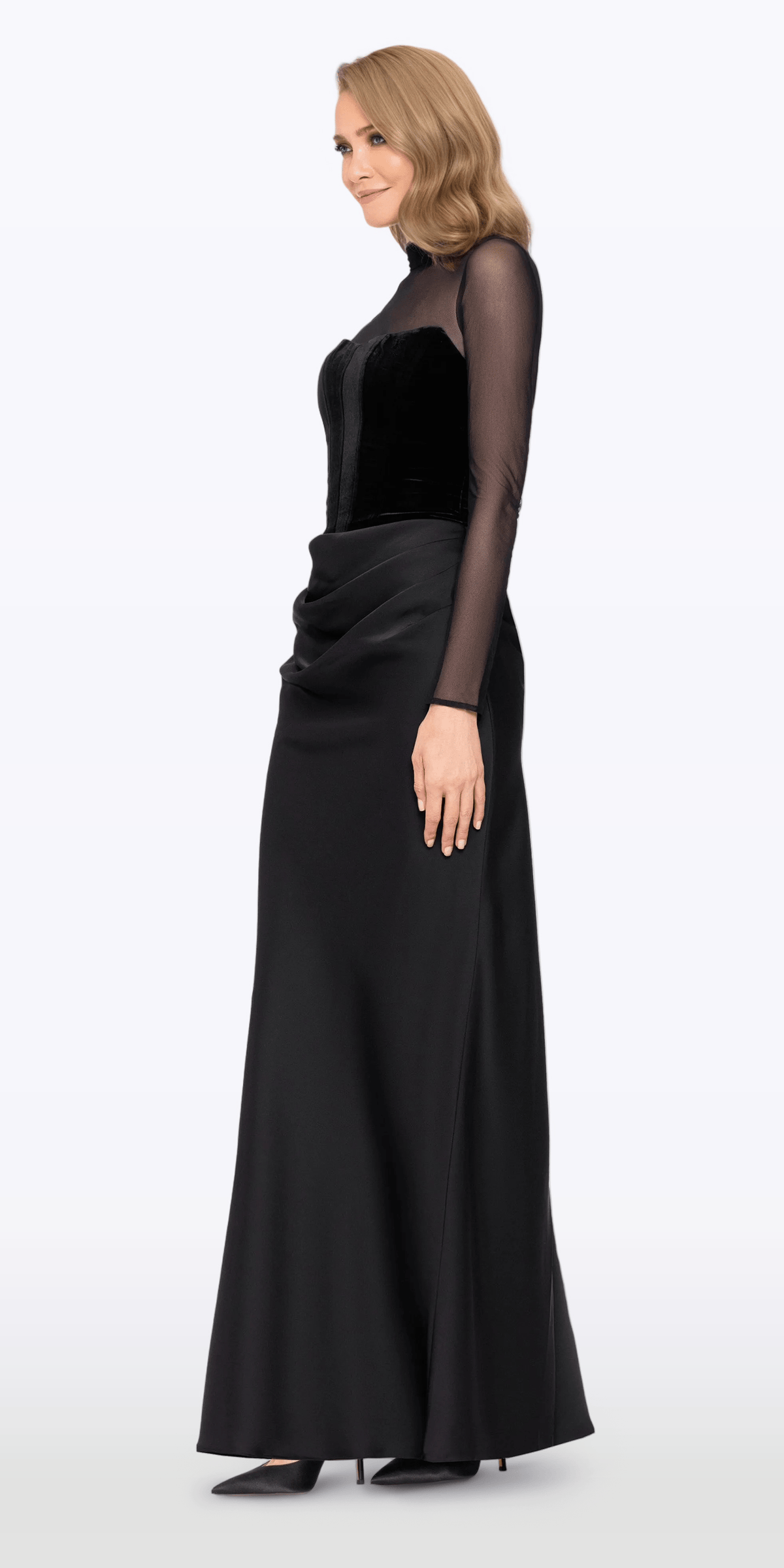 Camille La Vie Mock Neck Illusion Long Sleeve Velvet and Satin Column Dress