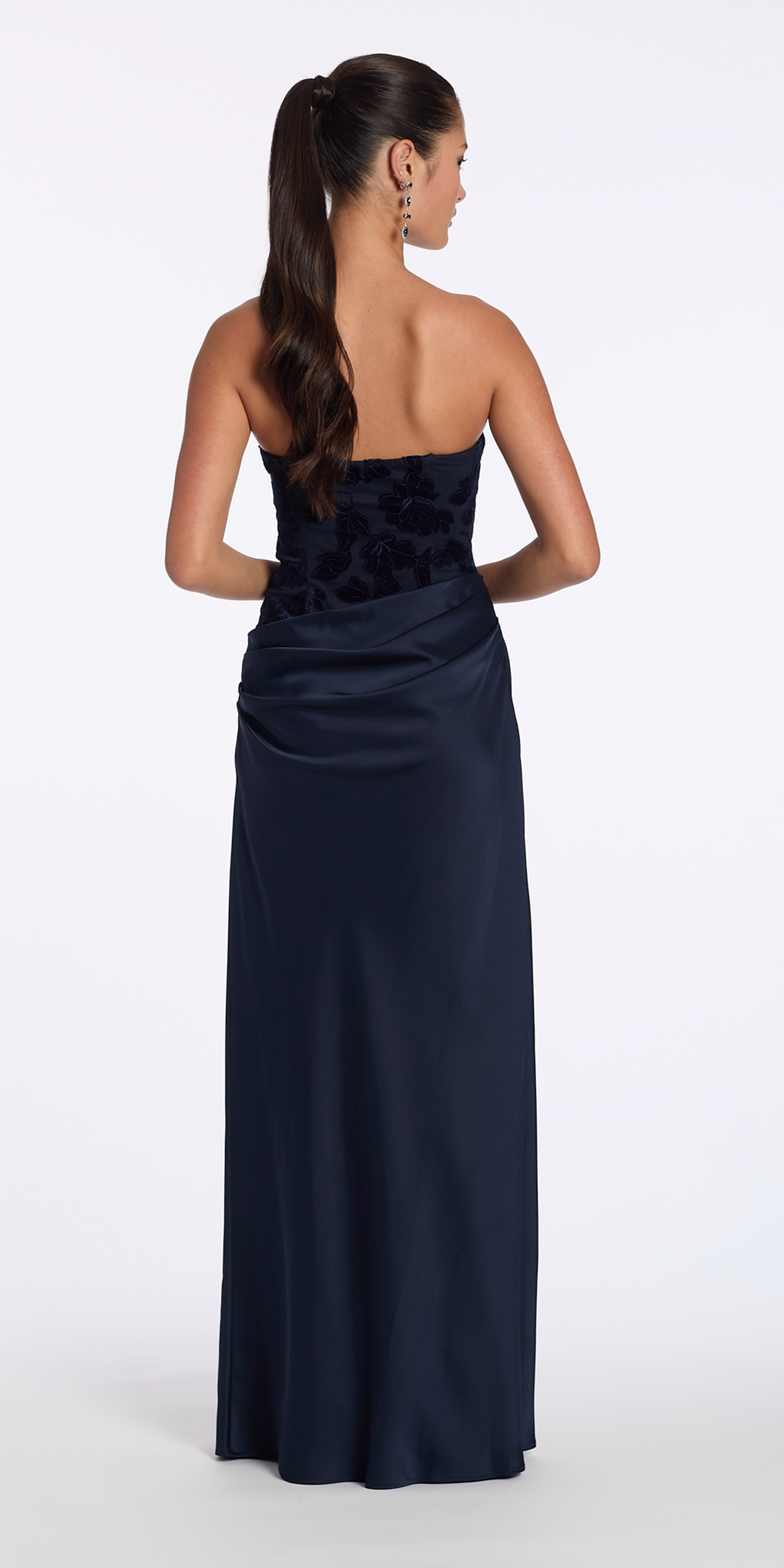 navy/size/2/missy/Camille La Vie/Square Neck Velvet Illusion Corset Satin Column Dress/back