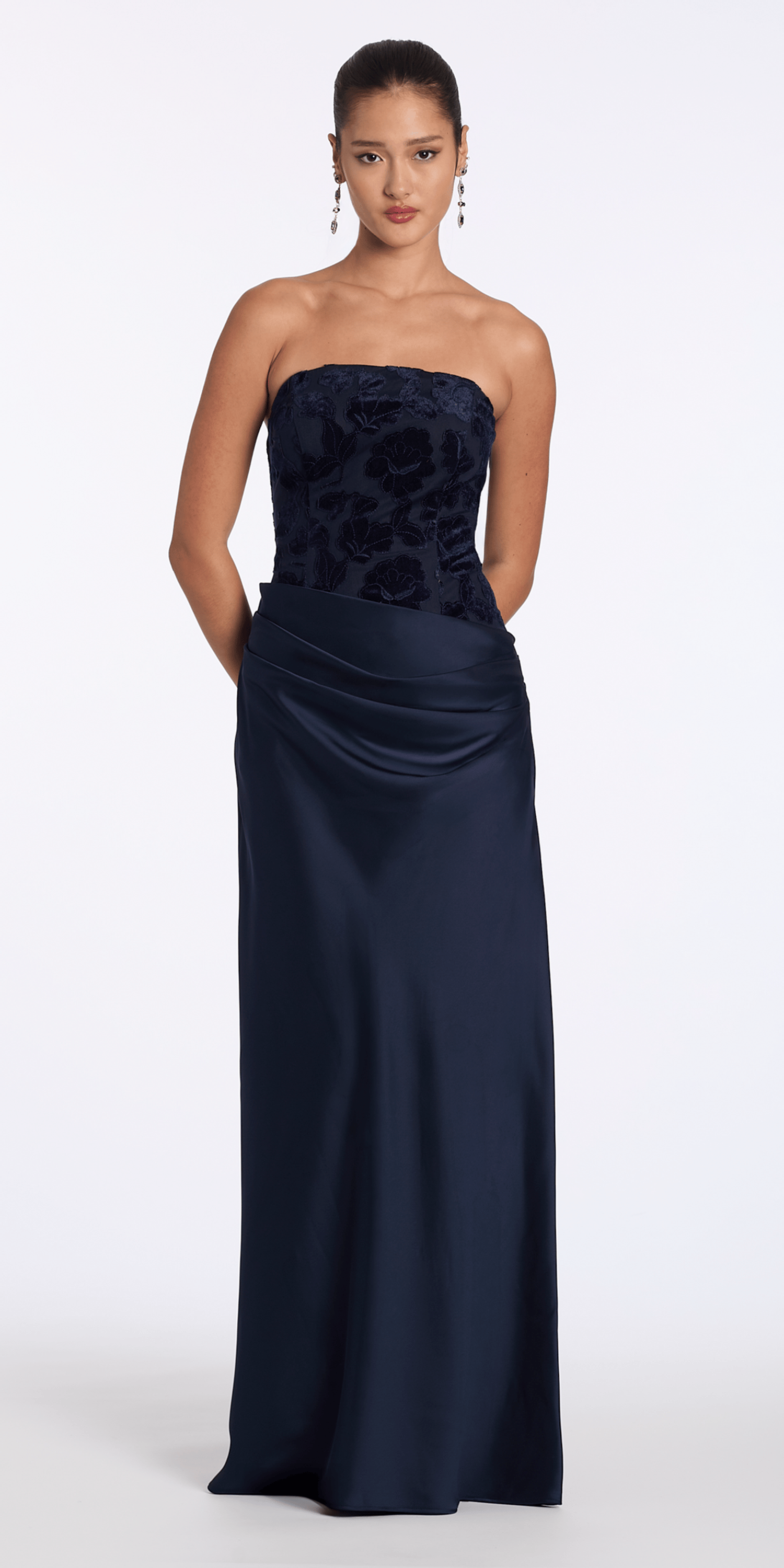 Square Neck Velvet Illusion Corset Satin Column Dress